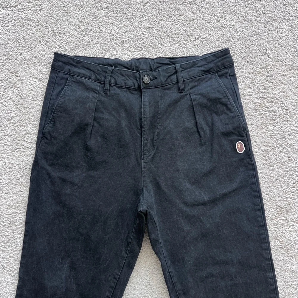A Bathing Ape Chino Pants Mens M 30x25 Black Pleated Tapered Fit Stretch Logo